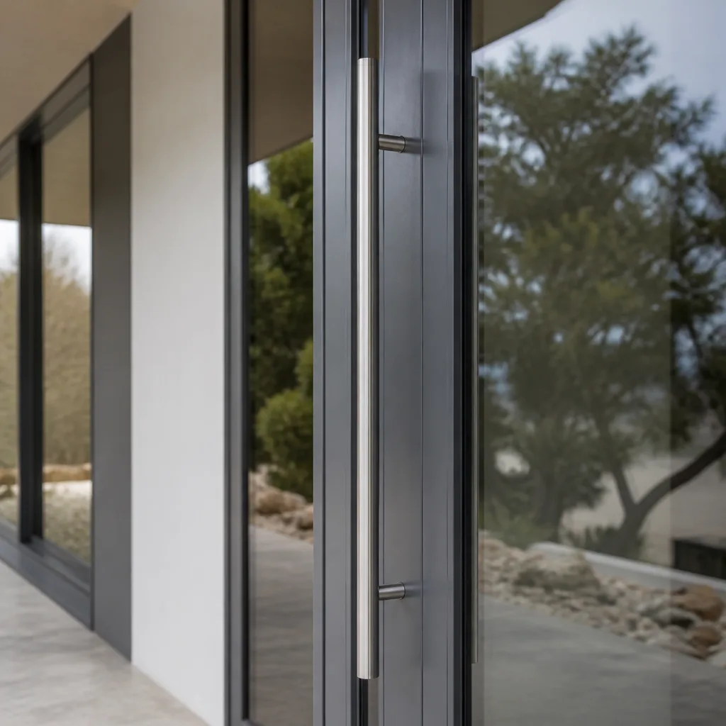 Modern glass door with stainless steel handle after professional installation