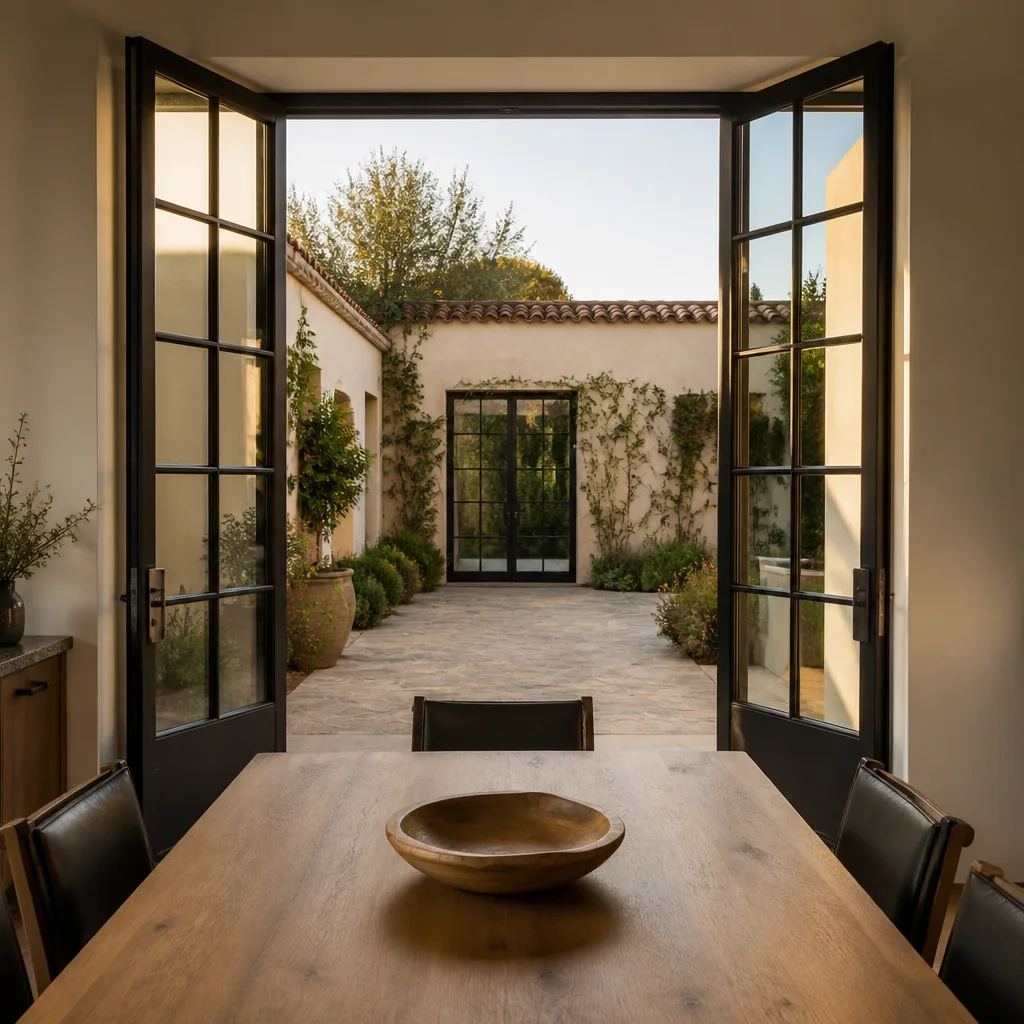 Custom black-framed French door installation overlooking a beautiful outdoor patio space.