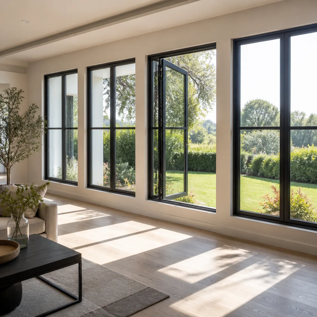 Modern interior featuring custom black-framed window and door installation.