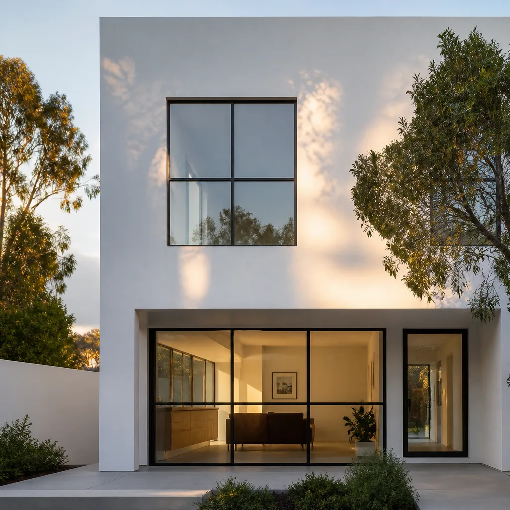 Modern residential home featuring luxury black metal framed windows and glass doors