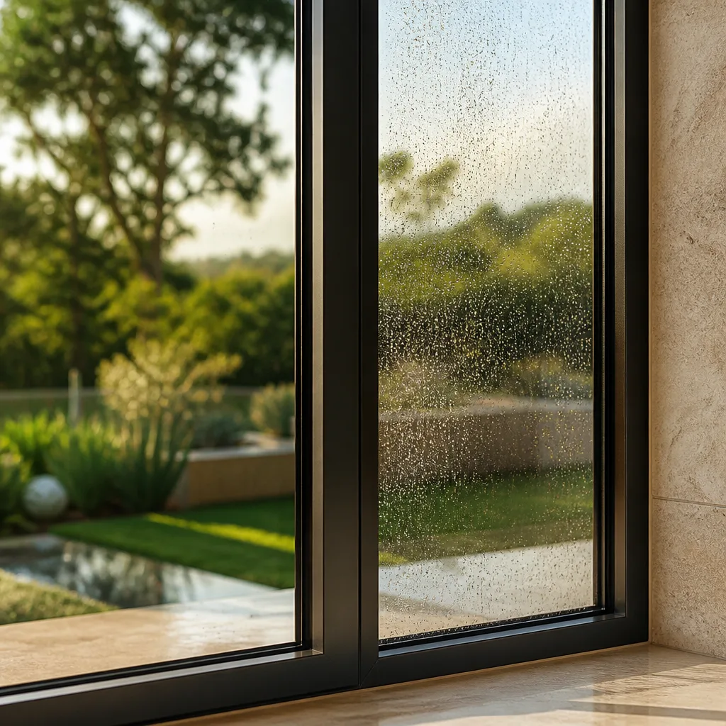 Modern dark frame window installation overlooking a beautiful green garden