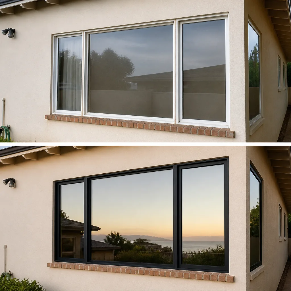 Modern black-framed window replacement on a stucco home exterior