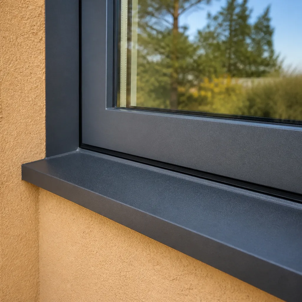 Modern dark gray window frame installation on a textured stucco wall