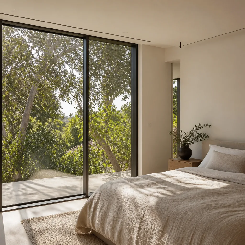 Modern bedroom with large floor-to-ceiling sliding glass doors and forest view